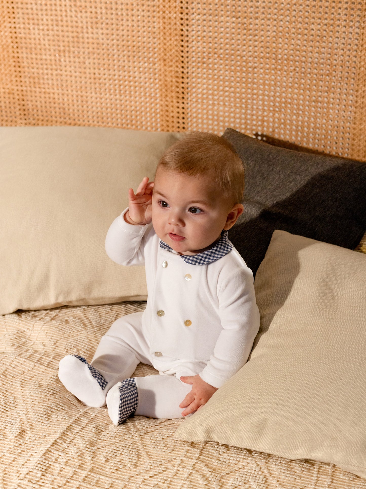 Laranjinha Baby Boy's White & Navy Velvet Babygrow