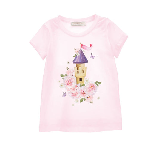 Monnalisa Girl's Rose Pink Castle Print T-Shirt