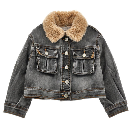 Monnalisa Girl's Black Denim Fur Collar Jacket