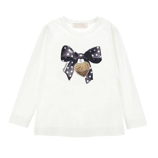 Monnalisa Girl's Panna Bow Print Cotton T-Shirt