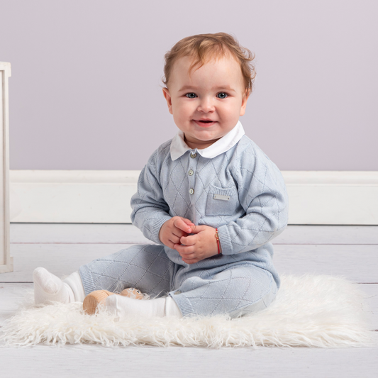 Caramelo Baby Boy's Sky Blue Diamond Knitted Romper