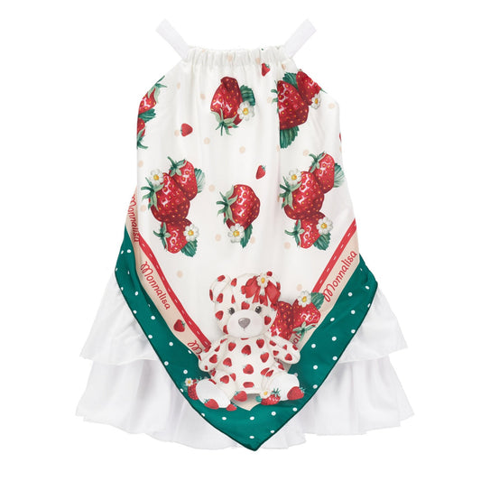 Monnalisa Girl's White Strawberry Print Shoulder Strap Dress