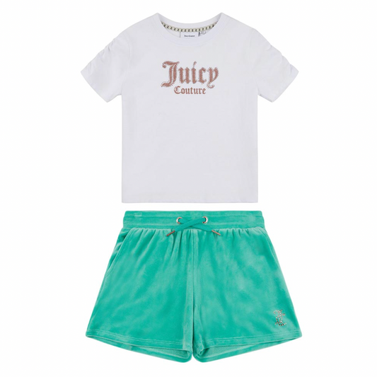 Juicy Couture Girl's White Diamanté Ruched Sleeve Tee & Short Set