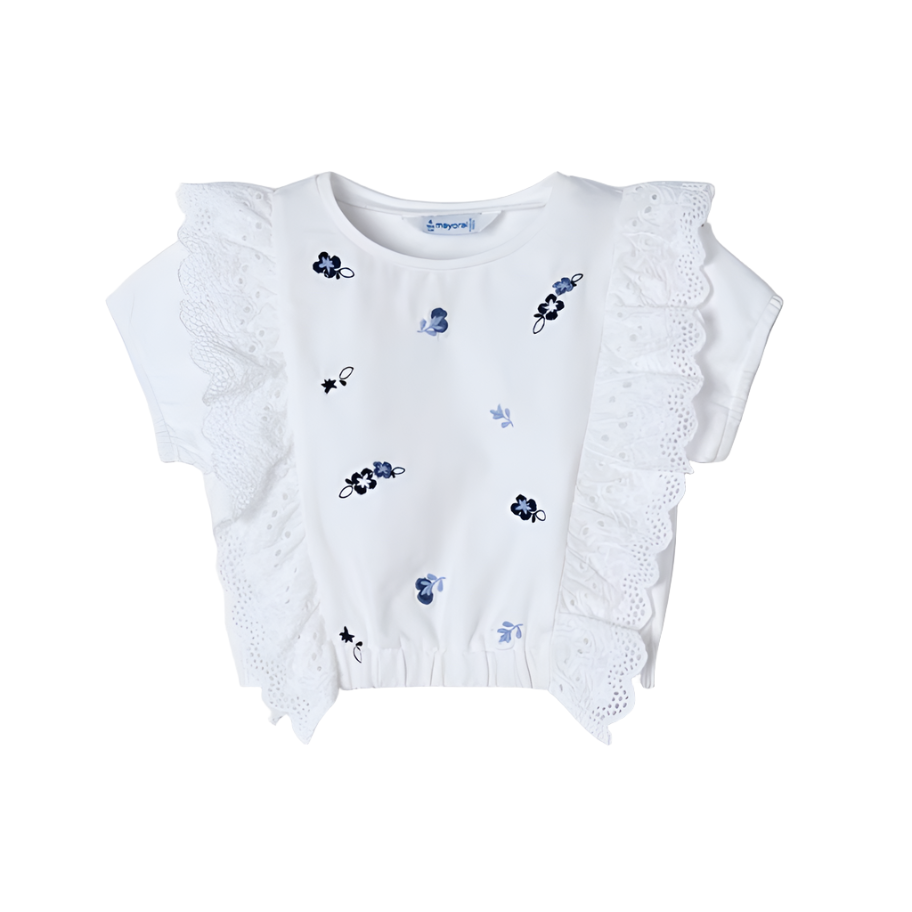 Mayoral Girls White & Ink Blue Embroidered Ruffle Top