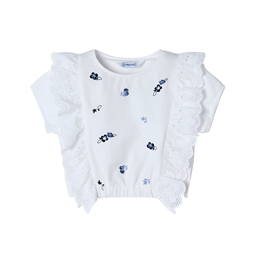 Mayoral Girls White & Ink Blue Embroidered Ruffle Top