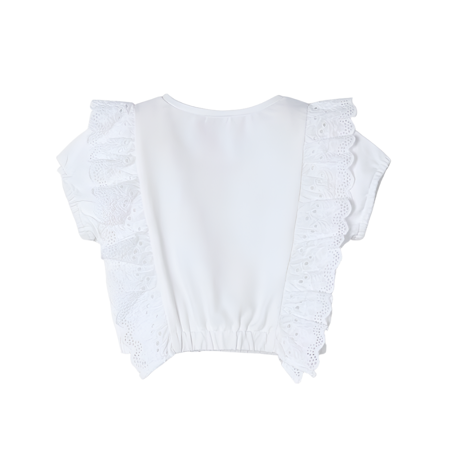 Mayoral Girls White & Ink Blue Embroidered Ruffle Top