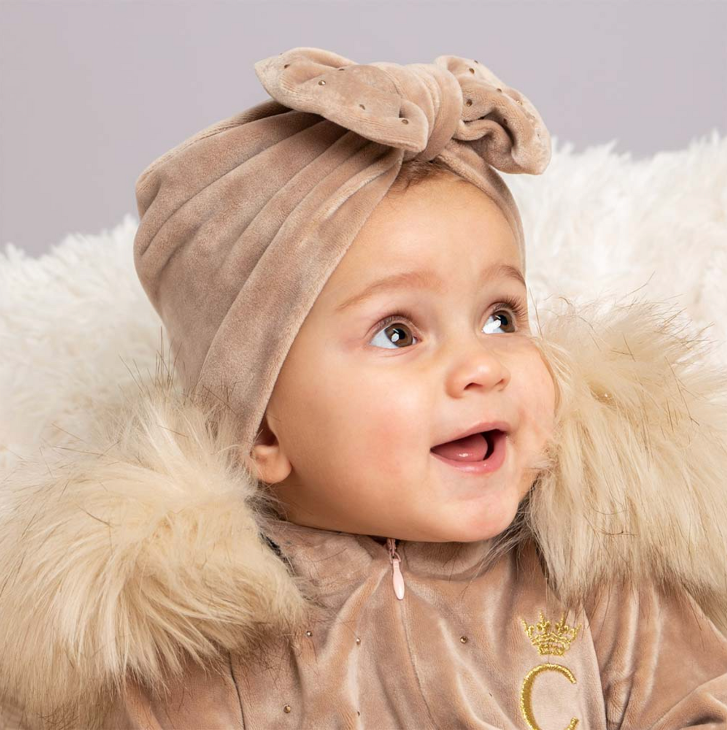 Caramelo Baby Girl's Mink Diamante Big Bow Velour Turban