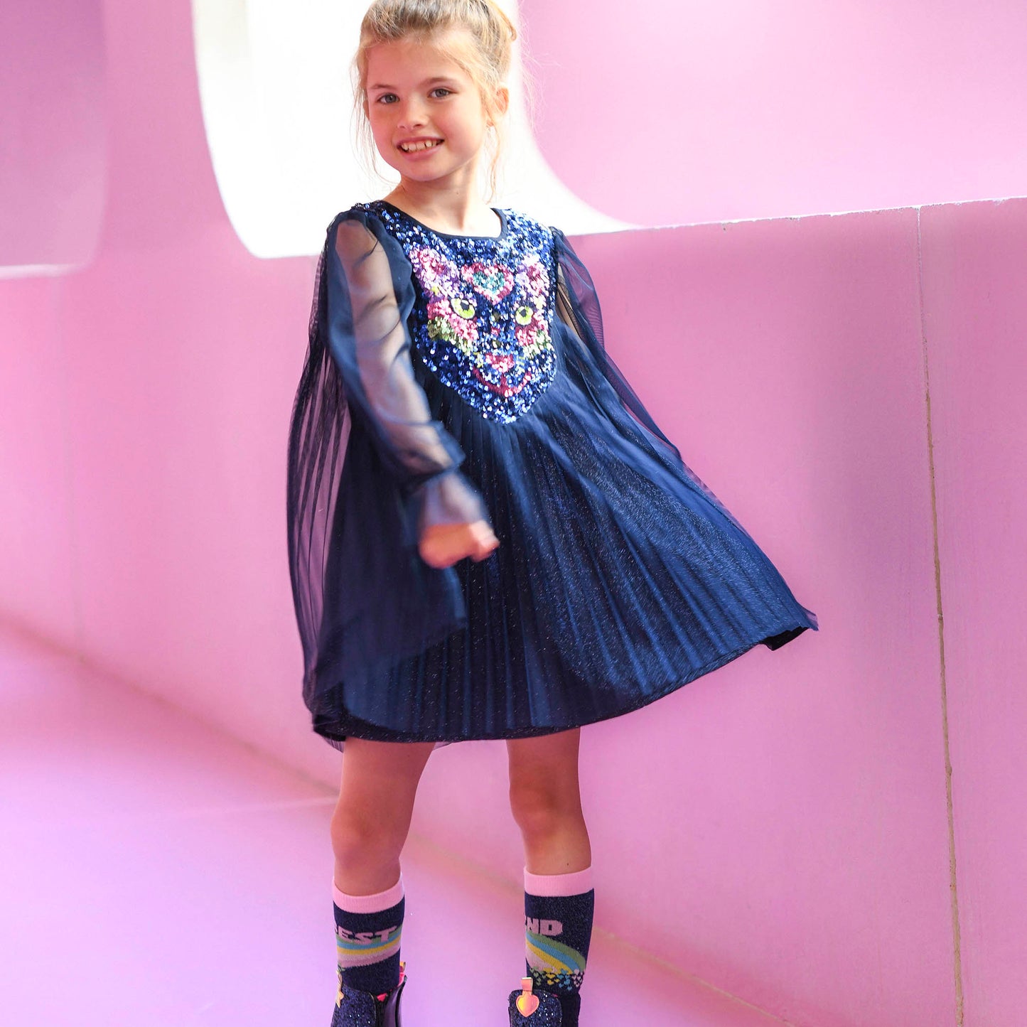 Billie Blush Girl's Navy Pleated Tulle Party Dress