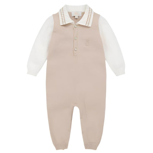 Caramelo Baby Boy's Beige Knitted Polo Romper