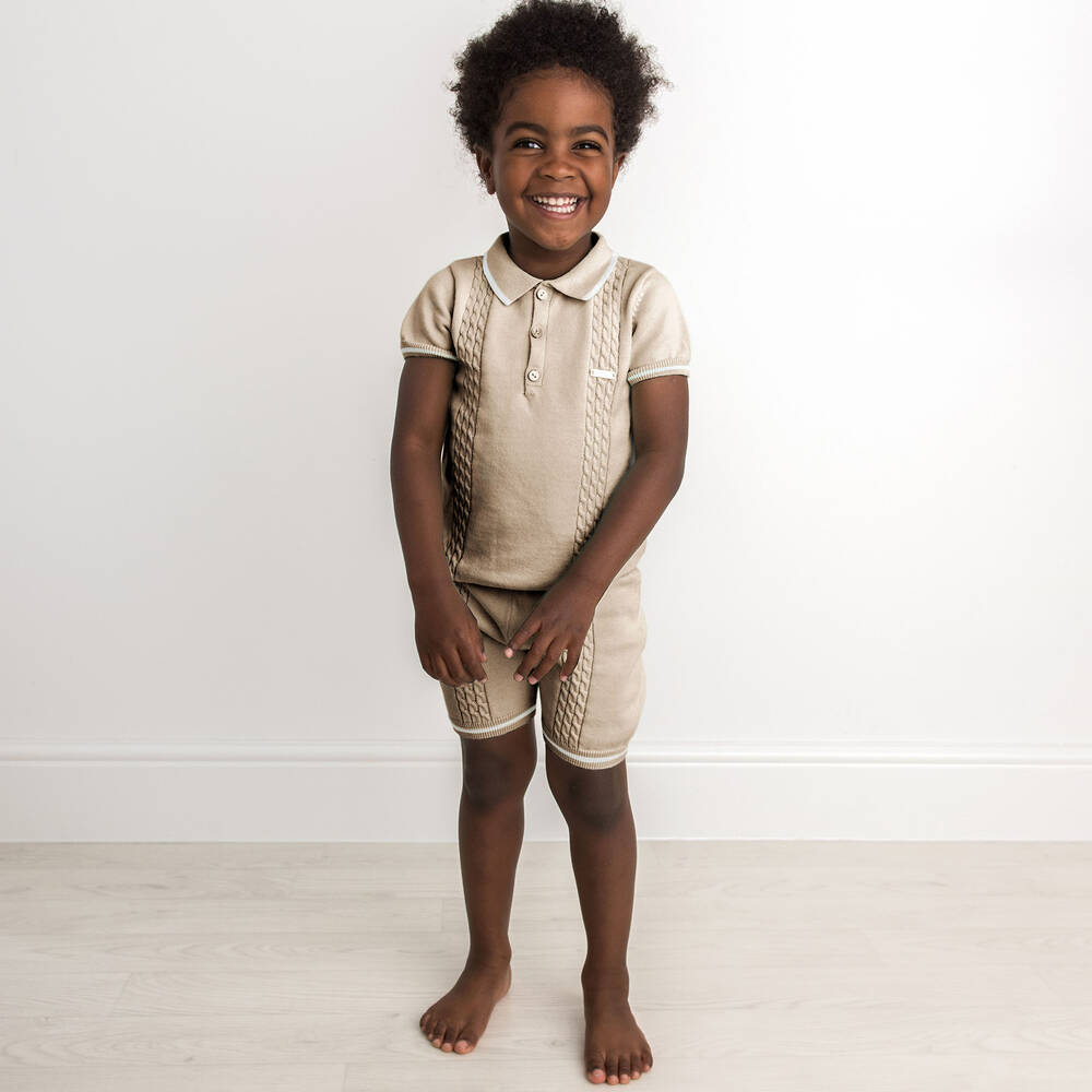 Caramelo Boy's Beige Cotton Knit Shorts Set