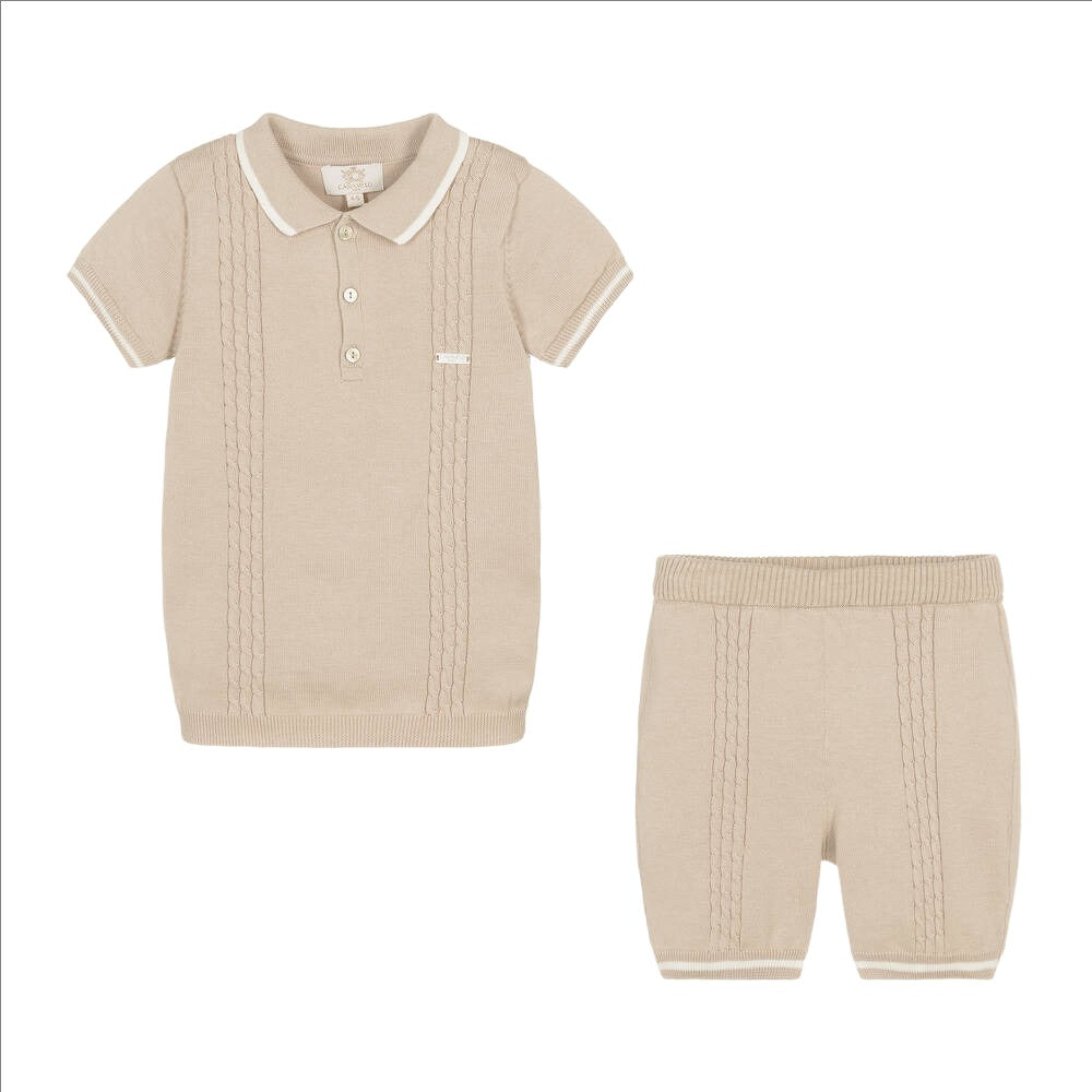 Caramelo Boy's Beige Cotton Knit Shorts Set