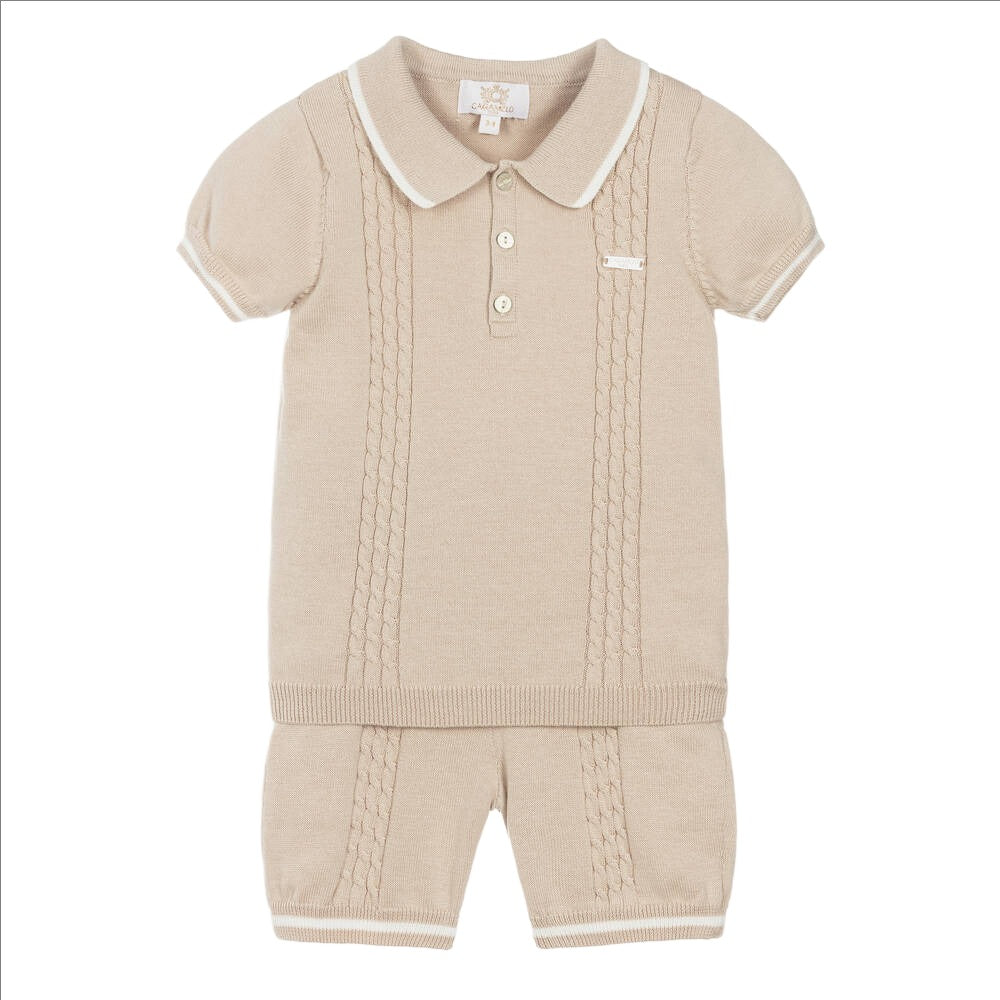 Caramelo Boy's Beige Cotton Knit Shorts Set