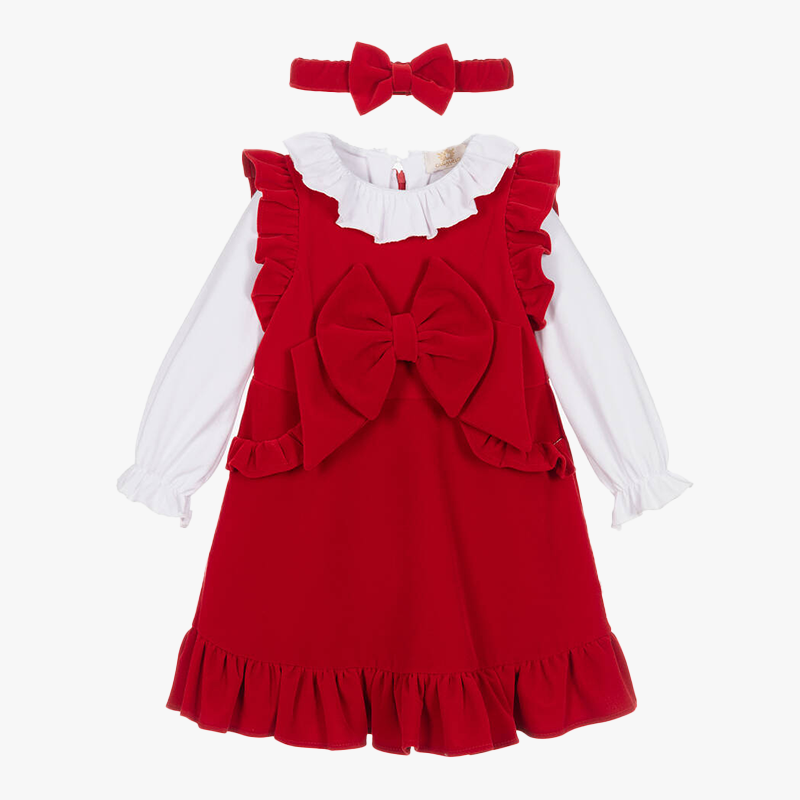 Caramelo Girl's Red Cotton Velvet Dress Set