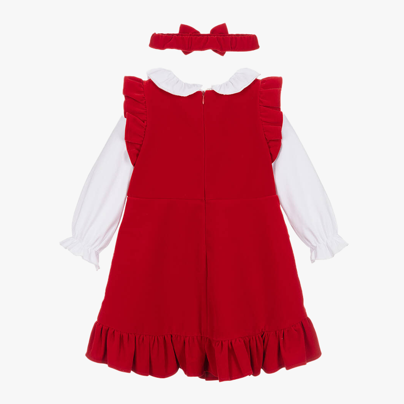 Caramelo Girl's Red Cotton Velvet Dress Set