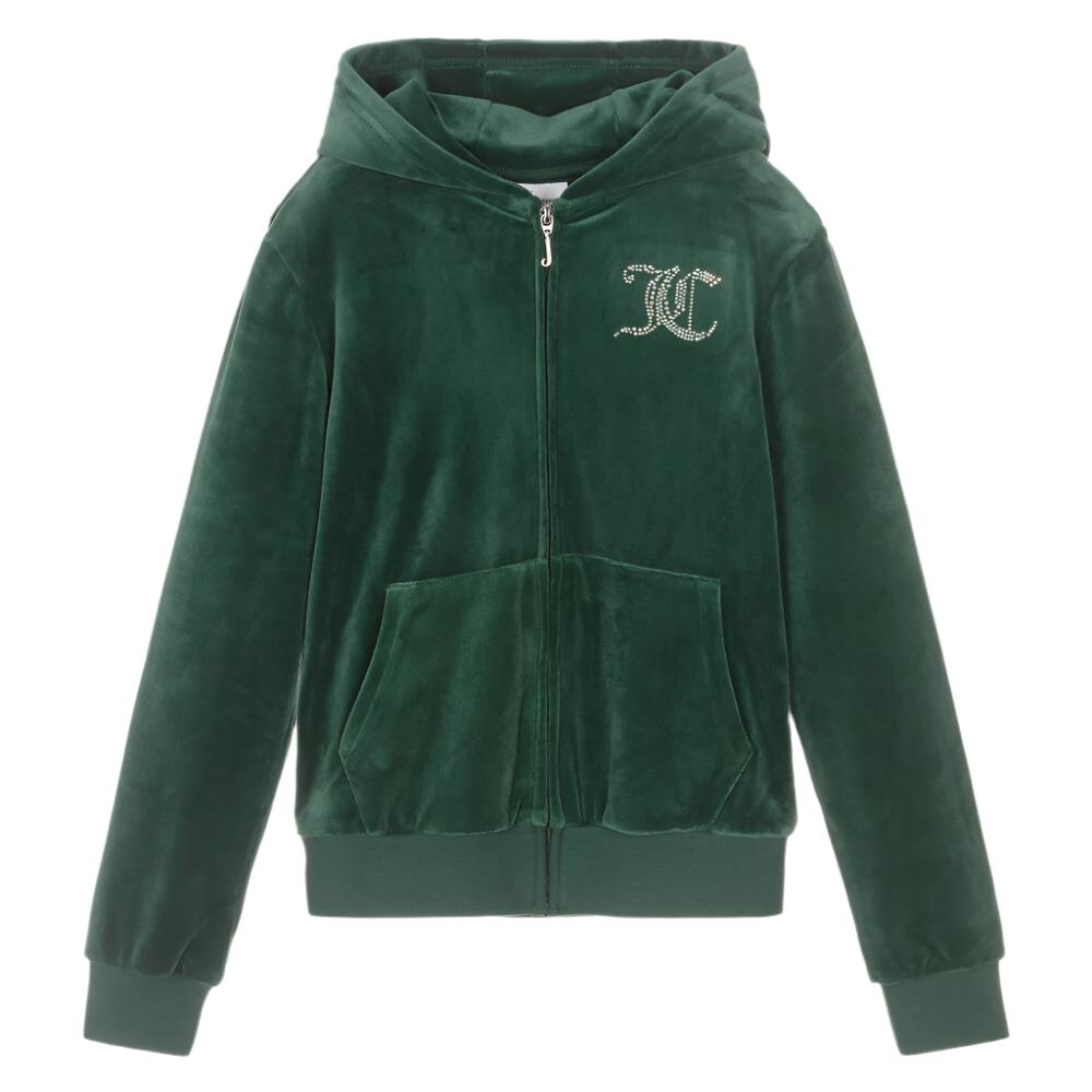 Juicy Couture Girl's Green Velour Diamanté Zip-Up Hoodie