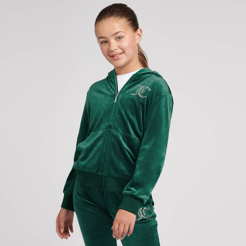 Juicy Couture Girl's Green Velour Diamanté Zip-Up Hoodie