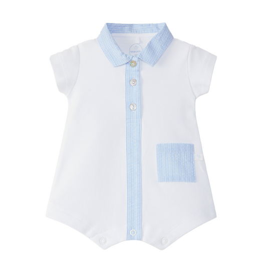 Laranjinha Baby Boy's White & Mint Blue Pointed Vichy Collar Romper
