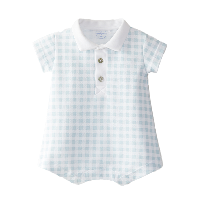 Laranjinha Baby Boy's White & Mint Blue Short-Leg Vichy Plaid Romper