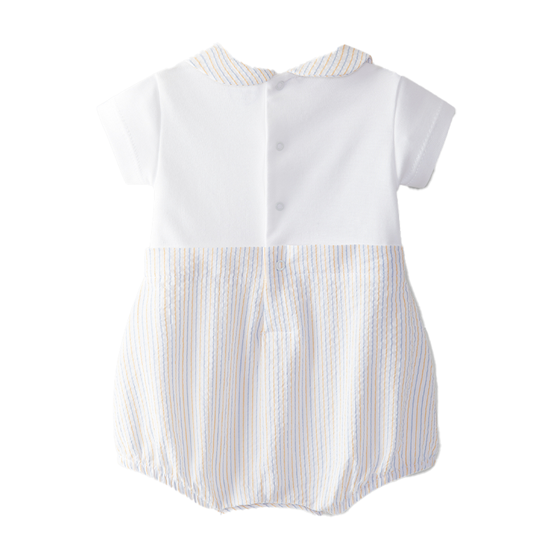 Laranjinha Unisex Baby White, Blue & Yellow Round Neckline Seersucker Romper