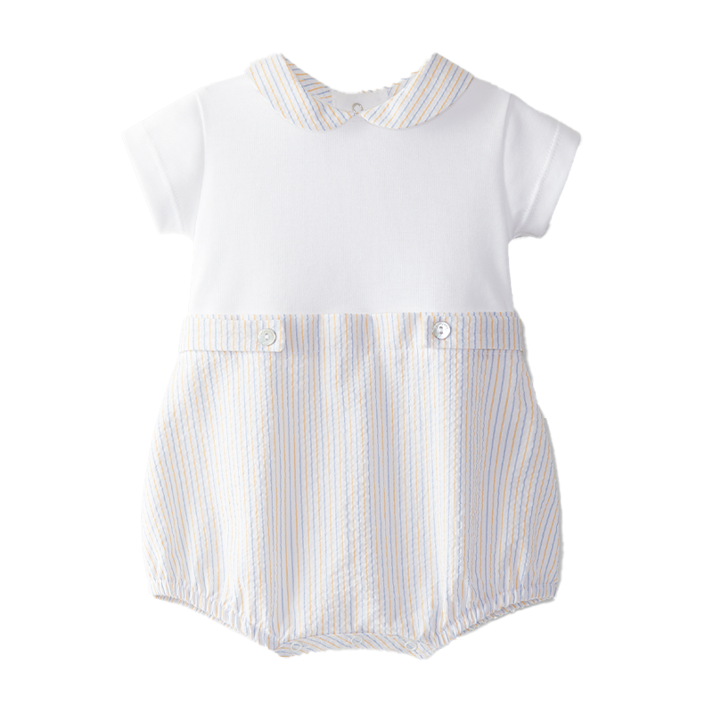 Laranjinha Unisex Baby White, Blue & Yellow Round Neckline Seersucker Romper