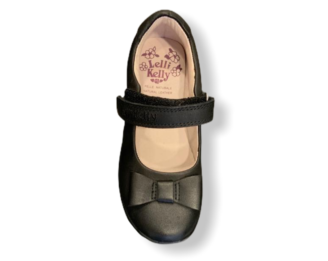 Lelli Kelly Perrie Black Leather Bow Velcro Shoe