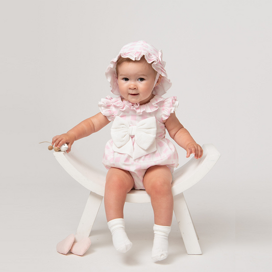 Caramelo Baby Girl's Pink Checked Ribbon Hat & Romper Set