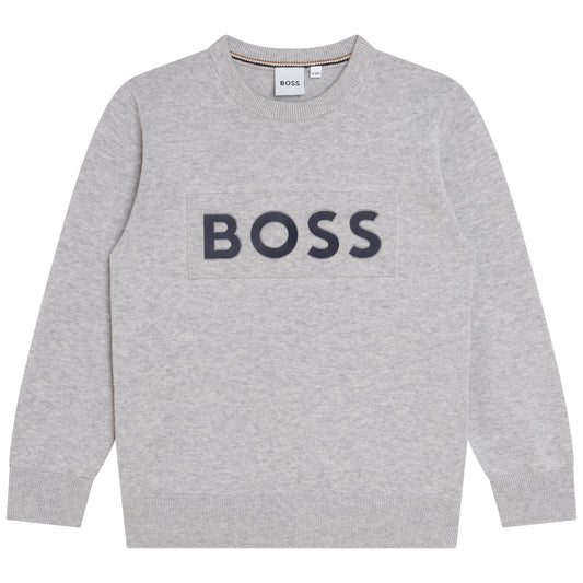 Hugo Boss Boy's Chine Grey Cotton Logo Jumper