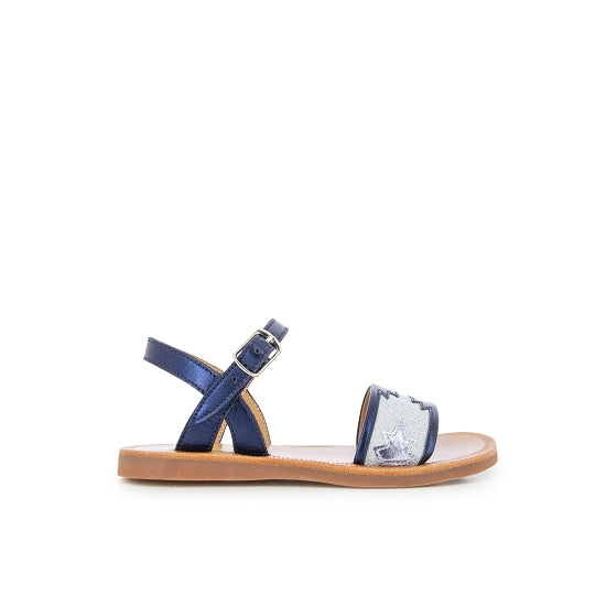 Pom D Api Girl's Blue Metallic Leather and Glitter Canvas 'Plagette Zia' Sandals