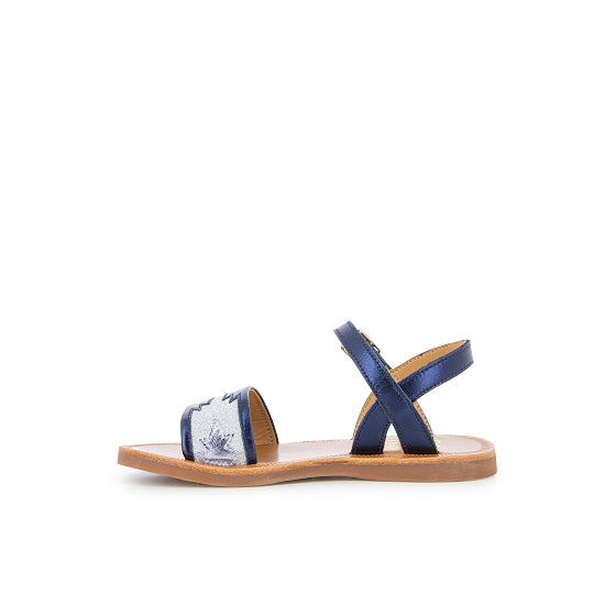 Pom D Api Girl's Blue Metallic Leather and Glitter Canvas 'Plagette Zia' Sandals