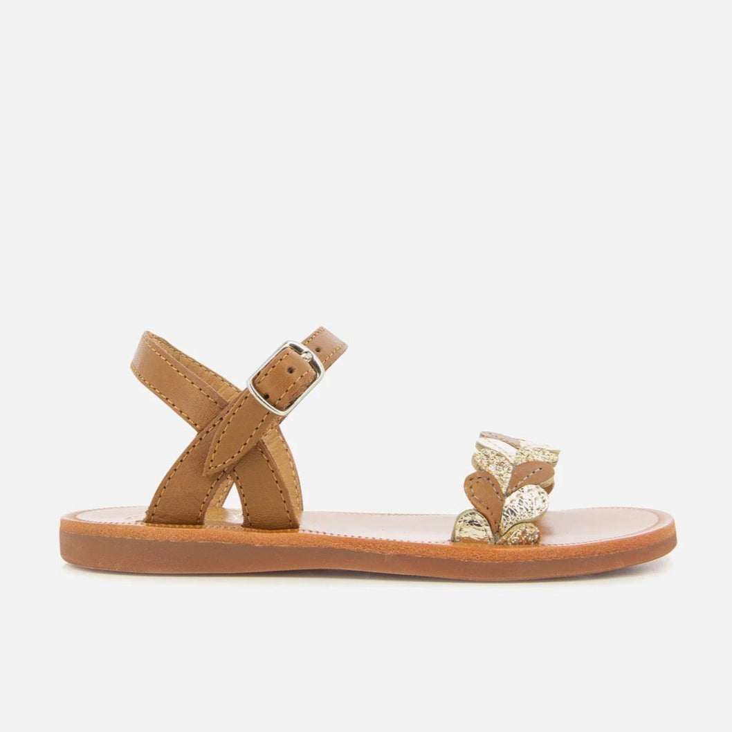 Pom D Api Girl's Camel & Gold Plagette Ferns Sandals