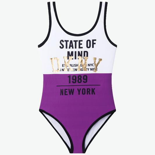 DKNY White & Purple 1-Piece Bathing Suit